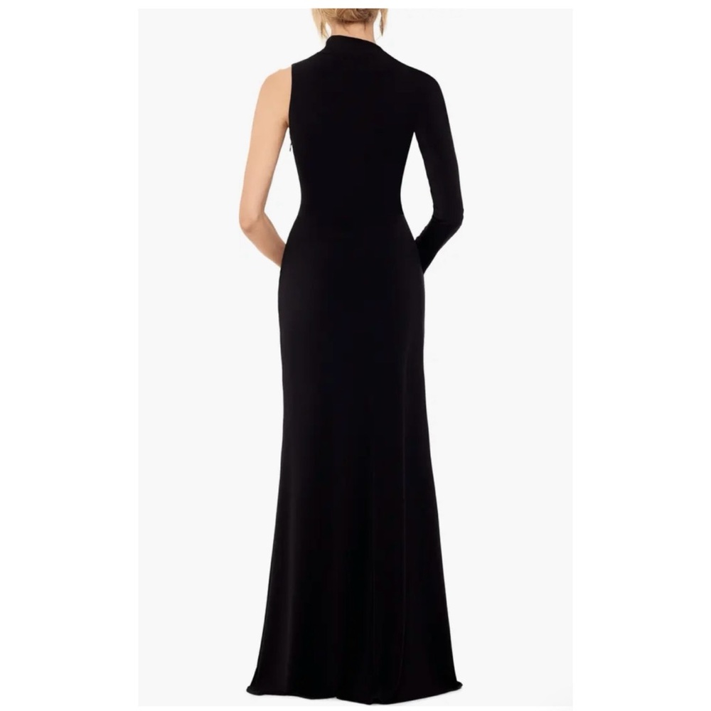 Betsy & Adam Asymmetric Single Long Sleeve Gown Black One-Shoulder Dress - Picture 2 of 4